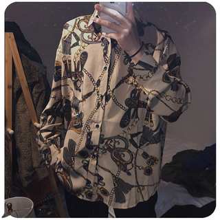 長袖 シャツ 柄シャツ ルーズフィット カジュアルシャツ ベージュ XLサイズ(Tシャツ/カットソー(七分/長袖))