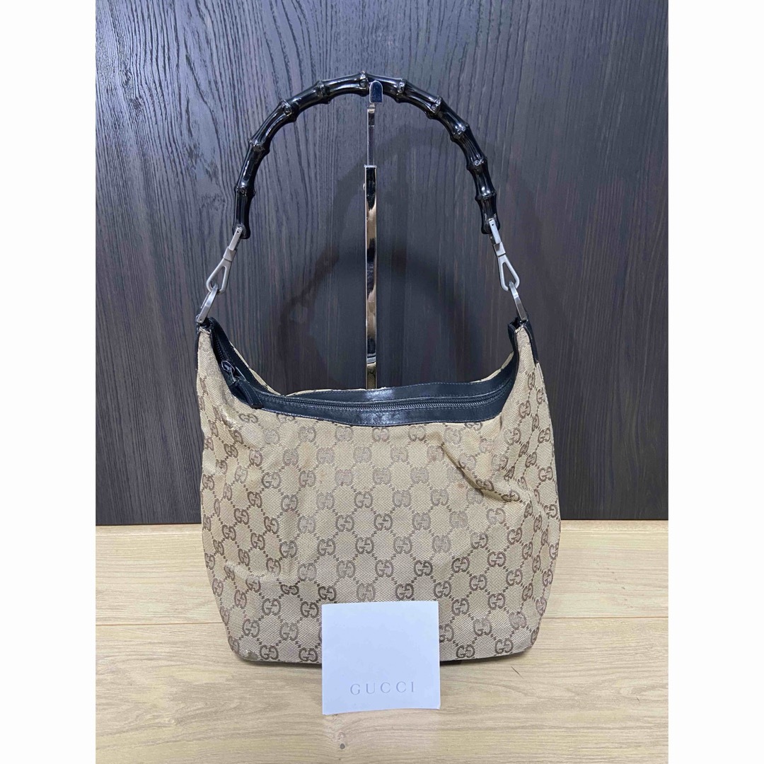 GUCCI トートバッグ GG柄 キャンバス バンブー レザー ベージュ 黒 GUCCI トートバッグ GG柄 キャンバス バンブー レザー ベージュ 黒