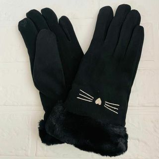 【数量限定】手袋　レディース　黒　ネコ　ファー　上品　防寒　保温　スマホタッチ(手袋)