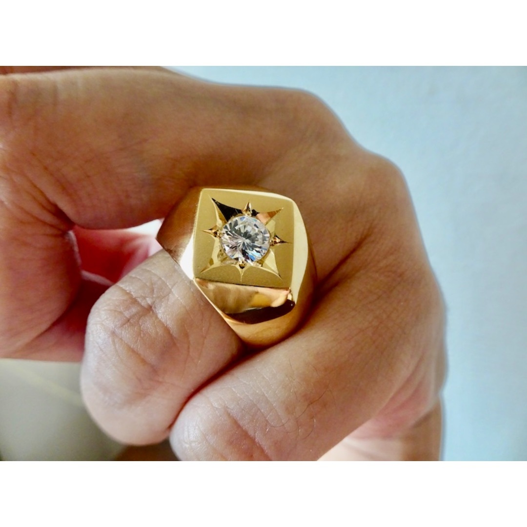 仁尾彫金『一つ星ジルコニア、k１８菱形印台リング』ハンドメイド346
