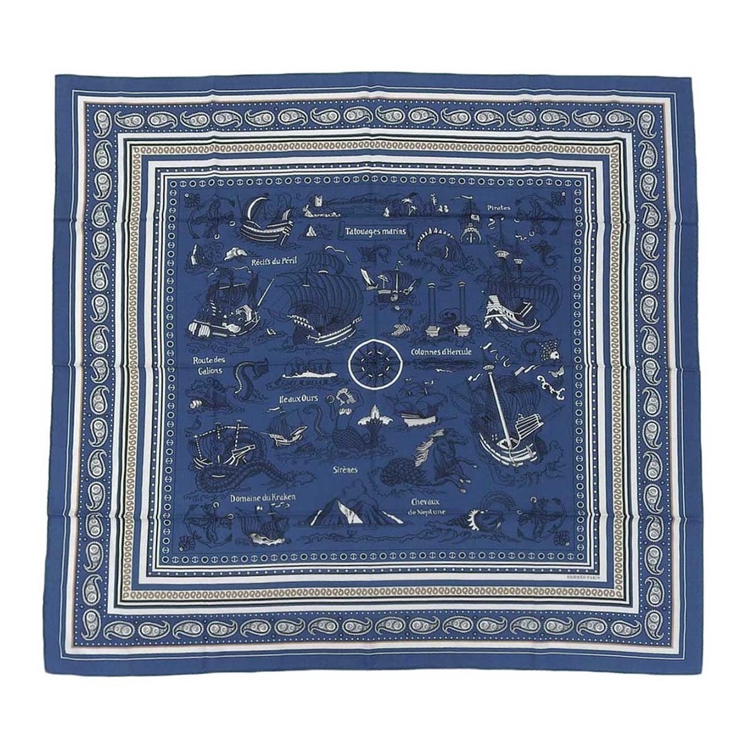 HERMES - エルメス カレジェアン 140 Tatouages Marins 船乗りのタトゥー ユニセックス ブルー HERMES [美品] 【中古】 【アパレル・小物】