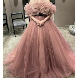 カラードレス ピンク オフショルダー ベルト チュールドレス デザイン感 花嫁(ウェディングドレス)