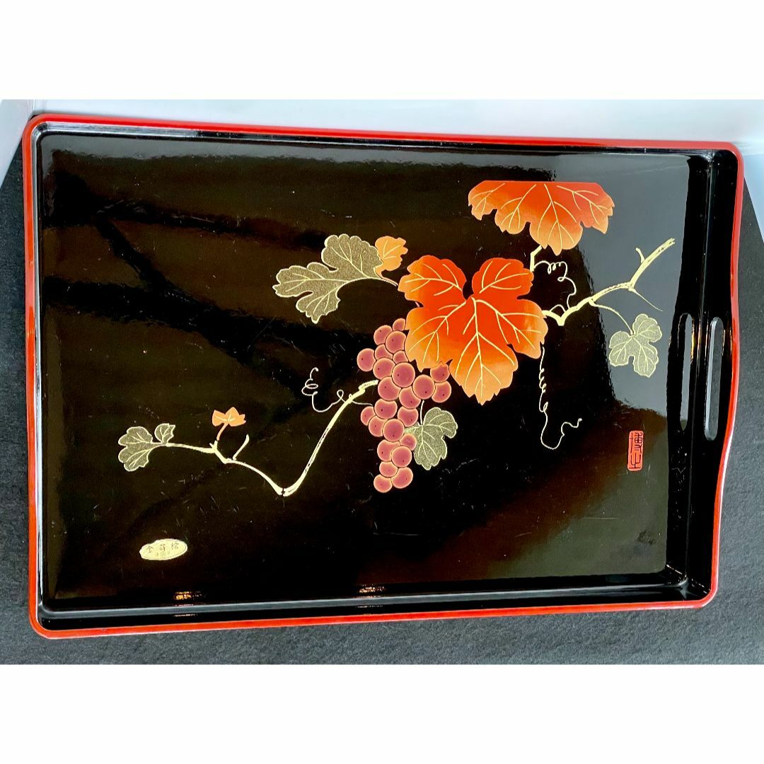 中国 古い 漆器 華輪手盆 唐物 茶道具 山中漆器 長手盆 角盆 盆 漆器 持ち手付 漆 本蒔絵 博山作 葡萄