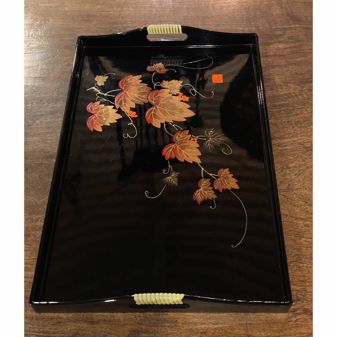 長手盆 角盆 盆 漆器 持ち手付 漆 本蒔絵 静鳳作 葡萄 ブドウ 長手盆 角盆 盆 漆器 持ち手付 漆 本蒔絵 静鳳作 葡萄 ブドウ
