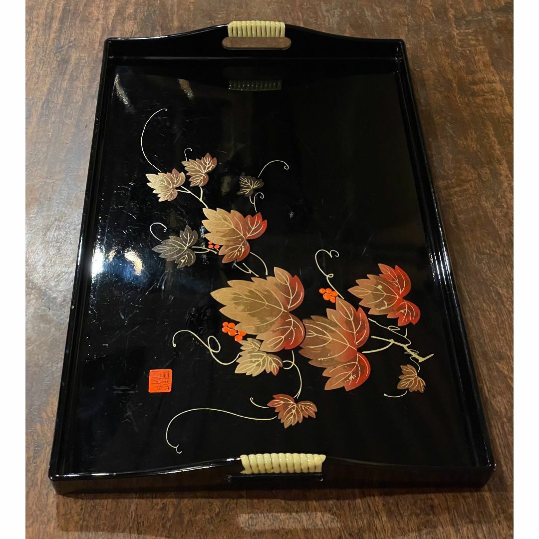 長手盆 角盆 盆 漆器 持ち手付 漆 本蒔絵 静鳳作 葡萄 ブドウ