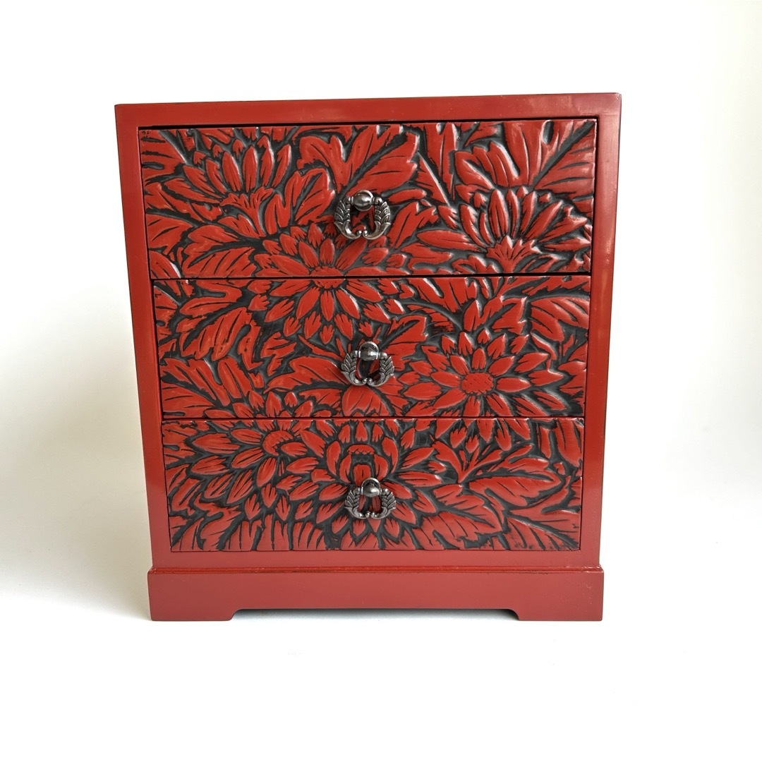【未使用、希少品】堆朱 漆塗り 引き出し 木製 桐 小物入れ 漆器 菊 彫漆
