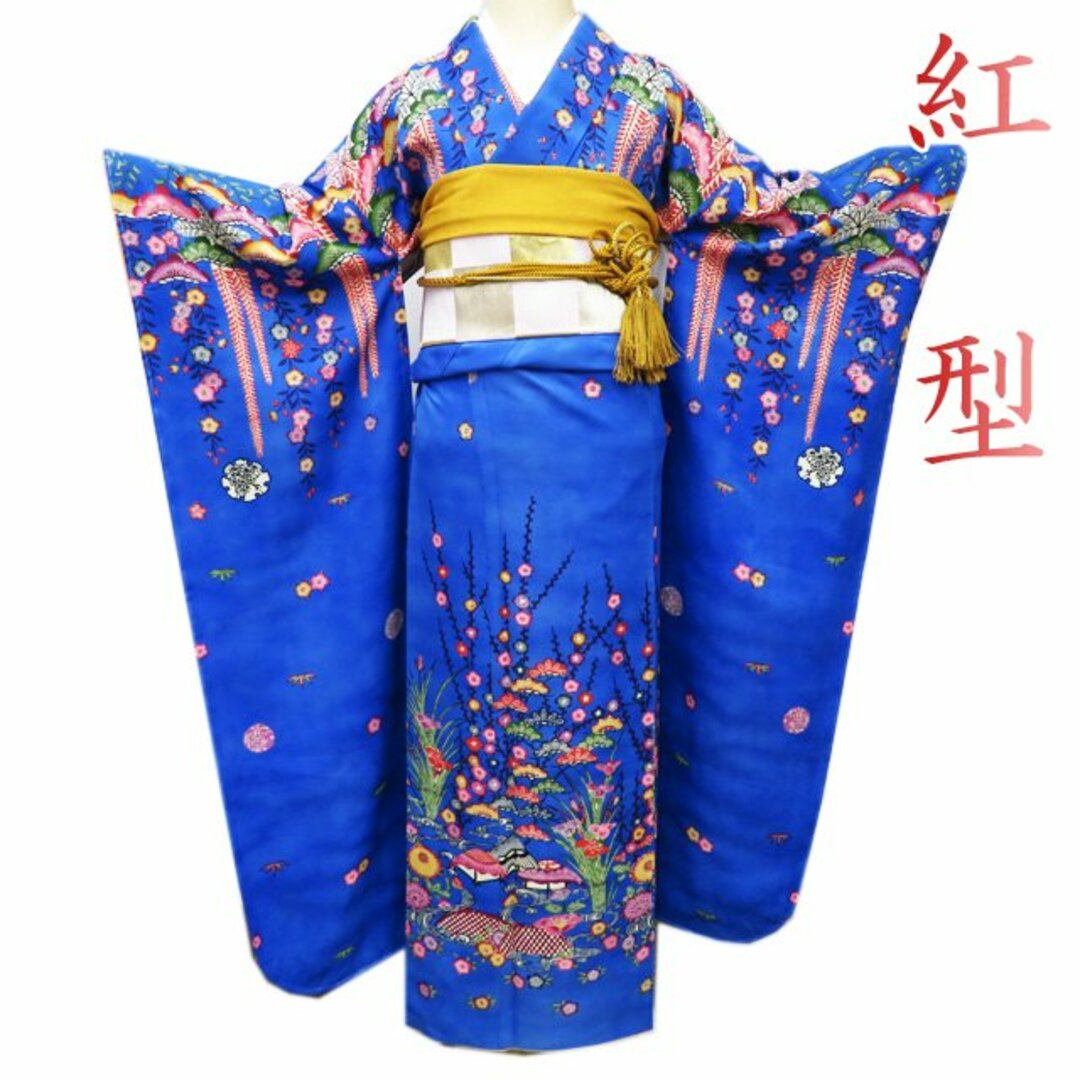 特選 振袖 着物 中古 正絹 琉球 紅型 花模様 松竹梅 茶屋辻 青色 特選 振袖 着物 中古 正絹 琉球 紅型 花模様 松竹梅 茶屋辻 青色