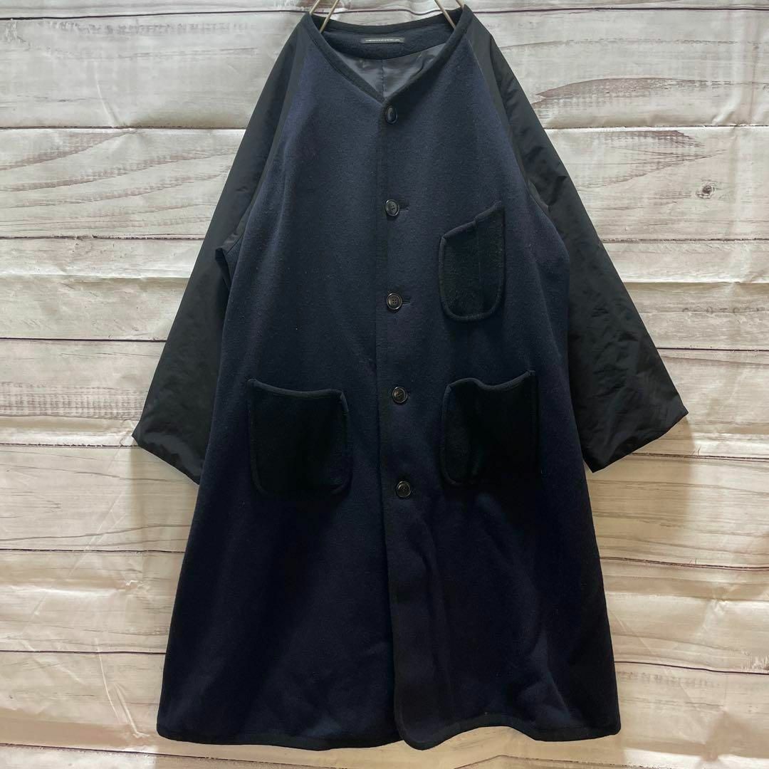 Y's - Y's ノーカラーコート ロングコート 異素材切替 黒 紺 Y's - Y's ノーカラーコート ロングコート 異素材切替 黒 紺