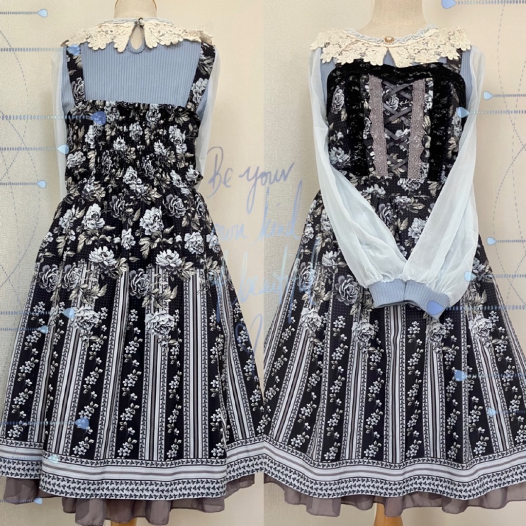 axes femme - 【2点セット】クラシカルブルーローズのワンピース、レース襟カットソー★axes