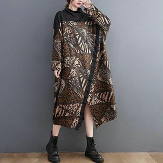 大きいサイズ レディース ワンピース　春 秋冬 新品 長袖　ブラウン(パーカー)
