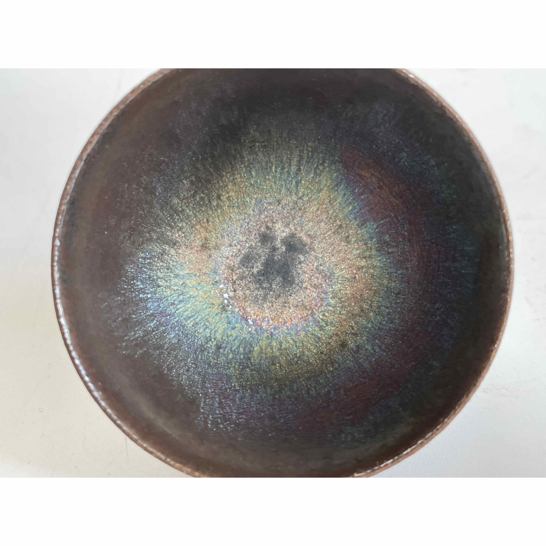 陶芸家 三浦硃鈴 珠鈴 ぐい呑 盃 酒器 孔雀釉 天目釉 天目盃 共箱 陶芸家 三浦硃鈴 珠鈴 ぐい呑 盃 酒器 孔雀釉 天目釉 天目盃 共箱