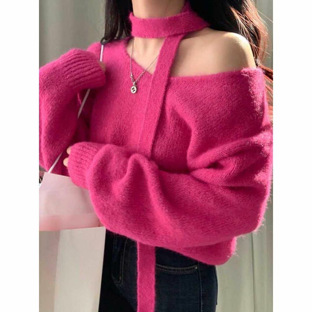 韓国♡ちょいセクシー♪ 肩見せチョーカー付き ニットトップス 韓国♡ちょいセクシー♪ 肩見せチョーカー付き ニットトップス