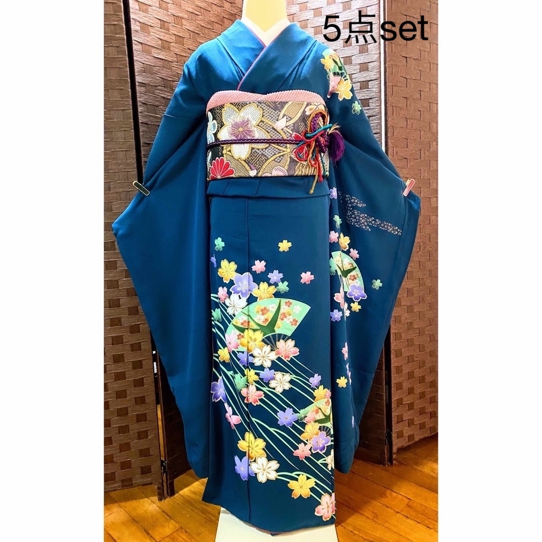 振袖 》扇 桜 銀彩 藍色《 袋帯 》 七宝 花 六通帯/ 振袖 》扇 桜 銀彩 藍色《 袋帯 》 七宝 花 六通帯/