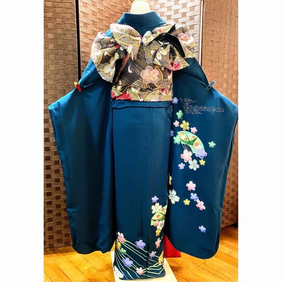 振袖 》扇 桜 銀彩 藍色《 袋帯 》 七宝 花 六通帯/ 他、5点セット 振袖 》扇 桜 銀彩 藍色《 袋帯 》 七宝 花 六通帯/ 他、5点セット