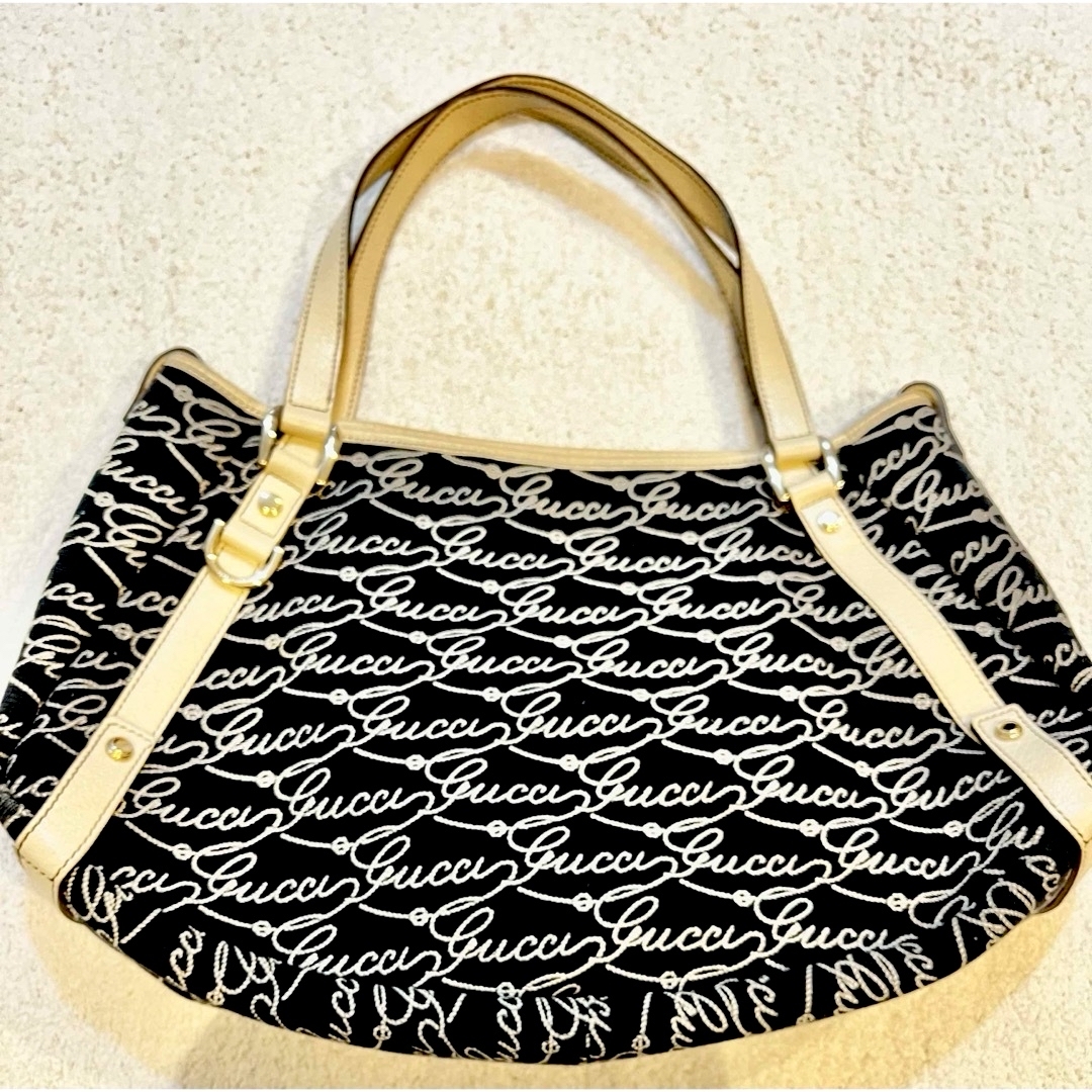 GUCCI - グッチ　キャンバス　アビーハンドバッグ　筆記体ロゴ　ネイビー