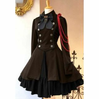 ❤新品未使用 軍服 ワンピース ロリータ コスプレ レディース 衣装 ブラウンL(ロングワンピース/マキシワンピース)