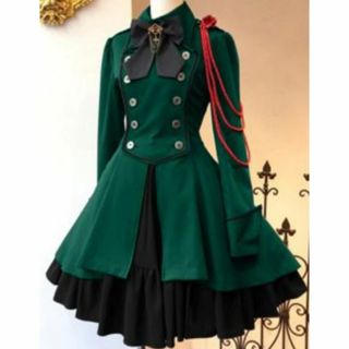❤新品未使用 軍服 ワンピース ロリータ コスプレ レディース 衣装 グリーンM(ロングワンピース/マキシワンピース)