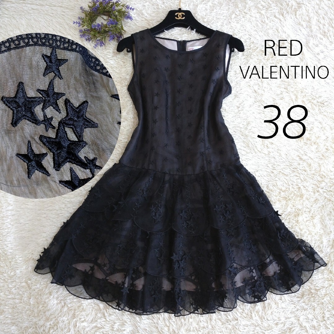 RED VALENTINO ワンピース ドレス 星柄刺繍 シルク100% 38 ひざ RED VALENTINO ワンピース ドレス 星柄刺繍 シルク100% 38 ひざ