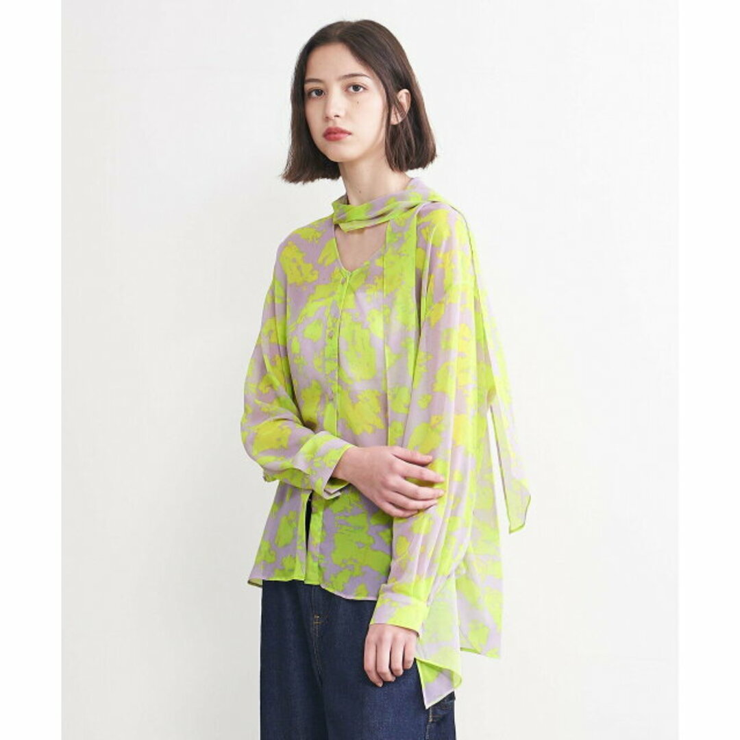 YELLOW】シフォン プリント ボウタイブラウス YELLOW】シフォン プリント ボウタイブラウス