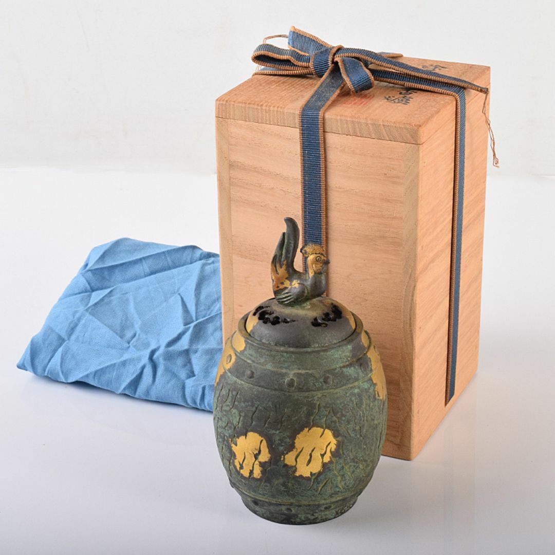 平安 秦蔵六造 鍍金銅 諌鼓 香炉 共箱 T R8037 金属工芸 平安 秦蔵六造 鍍金銅 諌鼓 香炉 共箱 T R8037 金属工芸