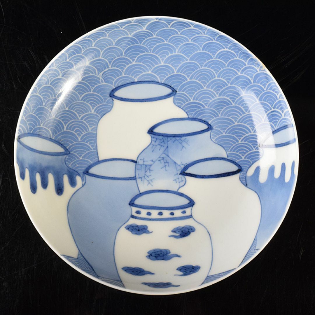 鍋島焼 藍鍋島 七壷文 五寸皿 時代箱付 V R8047