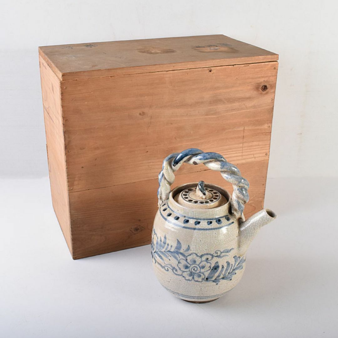 煎茶道具 益子焼 染付花文 大きめ急須 茶壷 時代箱 C R8055C 煎茶道具 益子焼 染付花文 大きめ急須 茶壷 時代箱 C R8055C