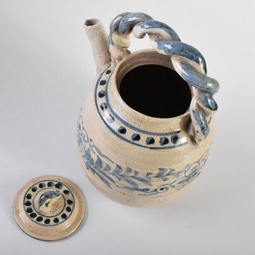 煎茶道具 益子焼 染付花文 大きめ急須 茶壷 時代箱 C R8055C 煎茶道具 益子焼 染付花文 大きめ急須 茶壷 時代箱 C R8055C
