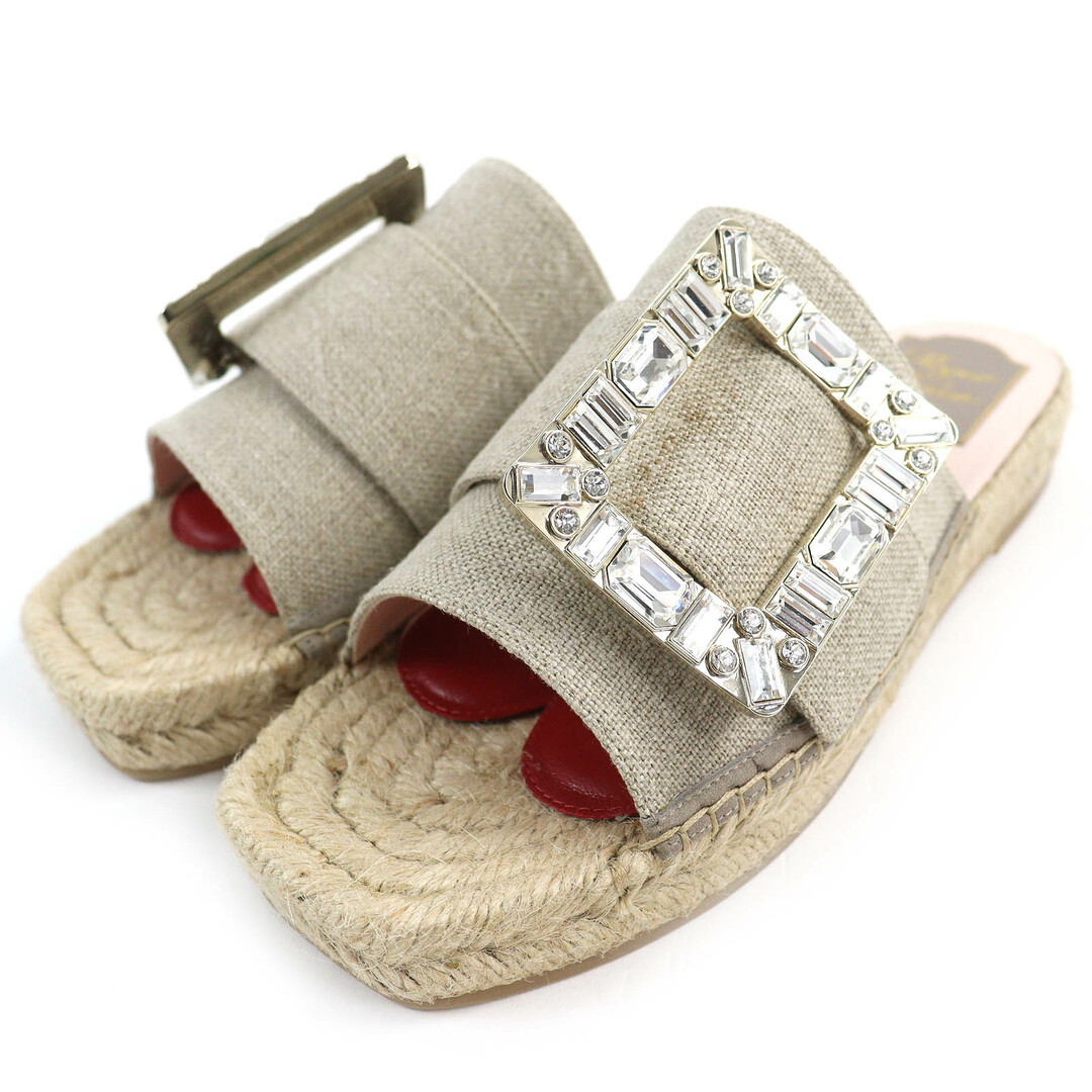 未使用品△ROGER VIVIER ロジェヴィヴィエ ストラスバックル ビジュー エスパドリーユ リネン フラットサンダル ベージュ 36 イタリア製 レディース