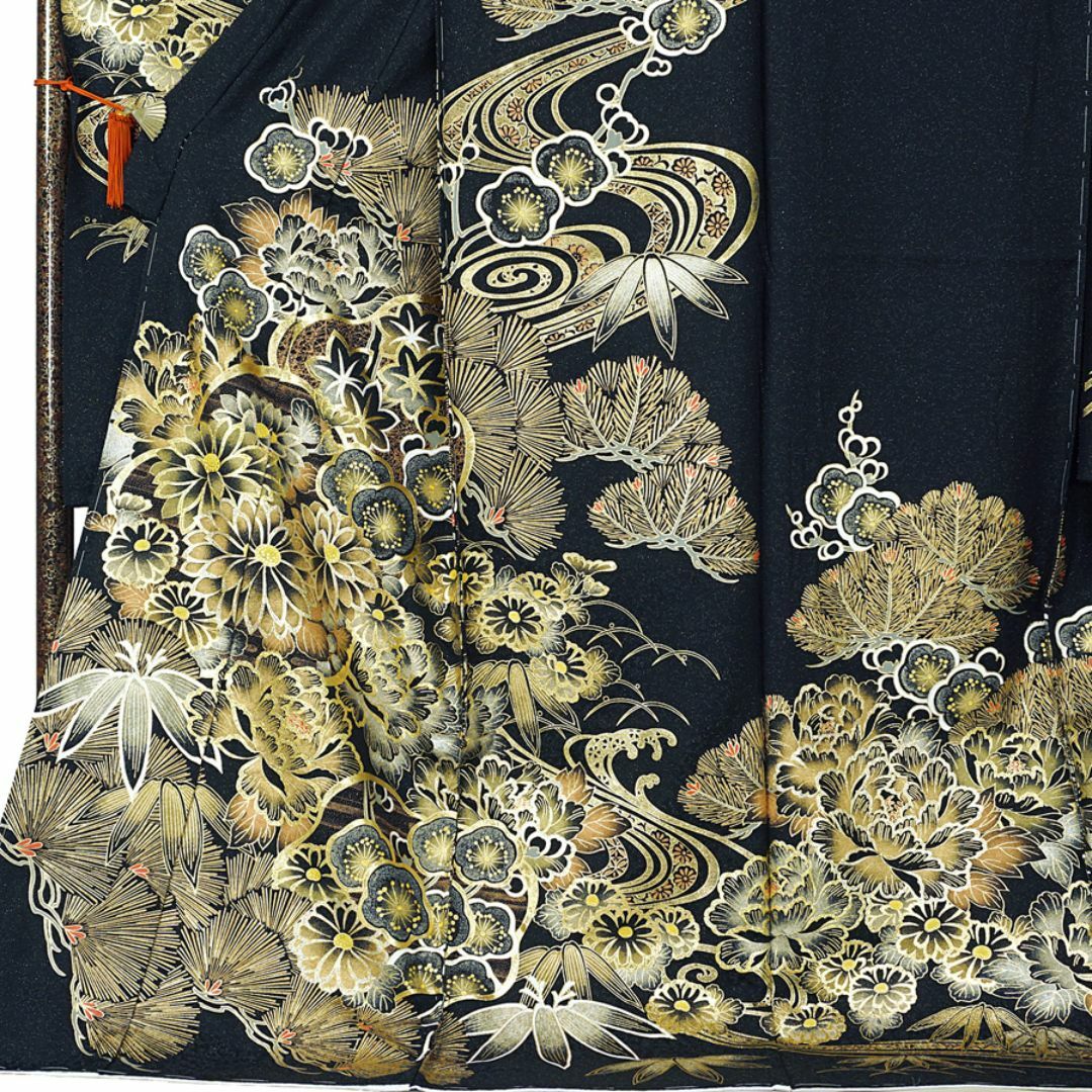 振袖 金彩ラメ加工 黒 金 ブラック ゴールド 未仕立て 仮絵羽 成人式 振袖 金彩ラメ加工 黒 金 ブラック ゴールド 未仕立て 仮絵羽 成人式