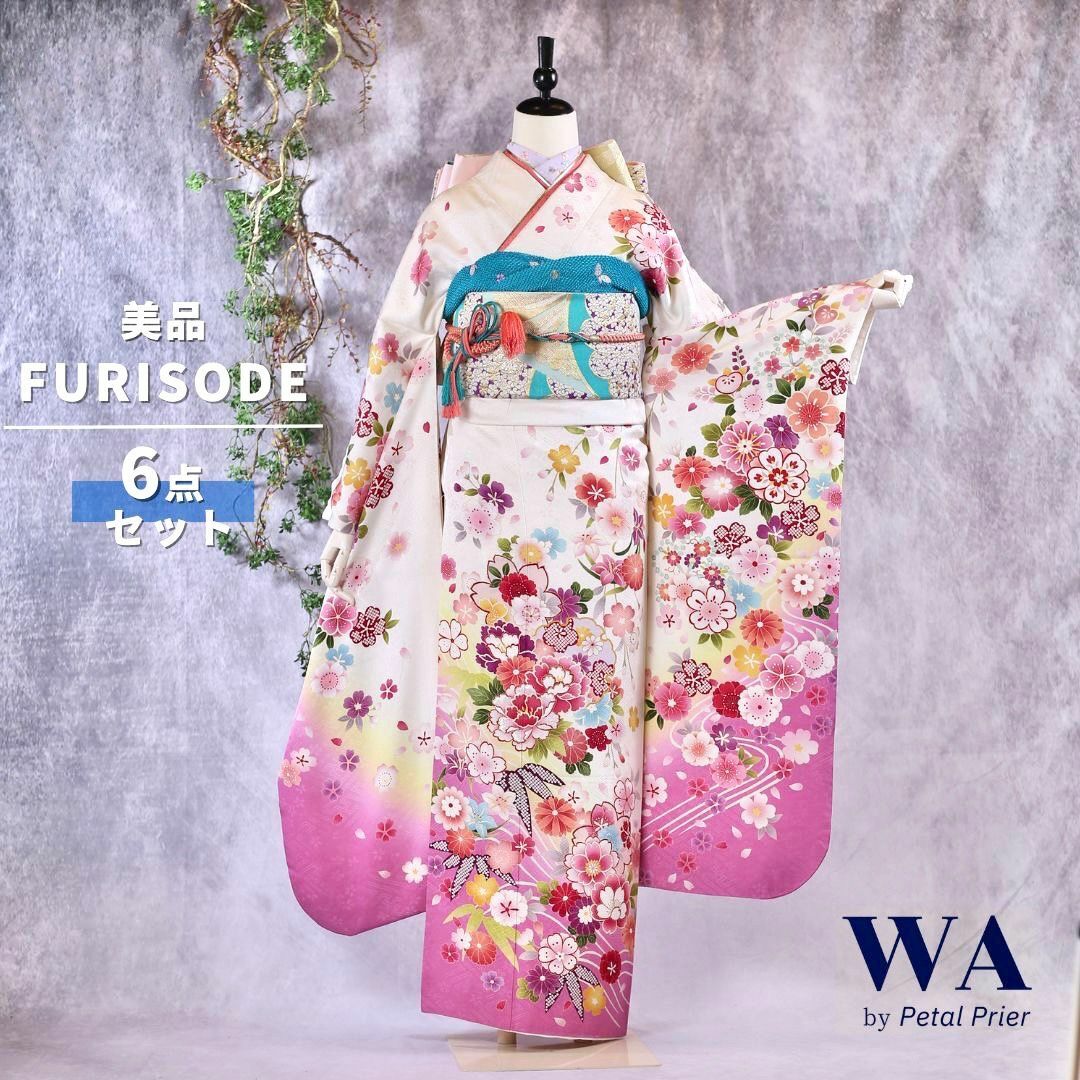 振袖フルセット 振袖セット 振袖 Mサイズ 白×新古典 美品 成人式 着物 晴れ着 6点セット FN-200