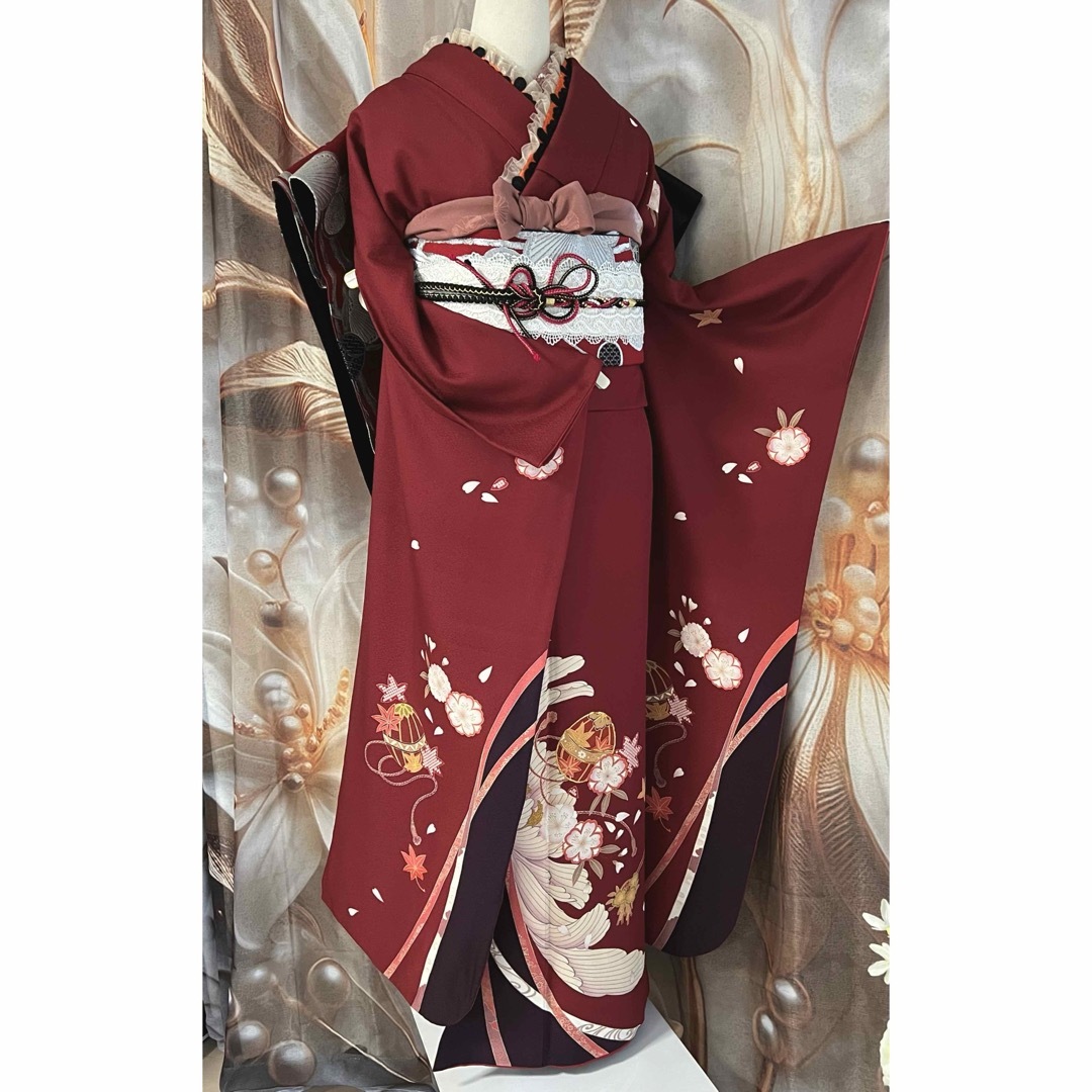 振袖 暗赤色 花柄刺繍 成人式 L L寸 正絹 可愛い シンプル 振袖 暗赤色 花柄刺繍 成人式 L L寸 正絹 可愛い シンプル