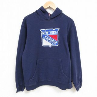 リーボック(Reebok)のL★古着 リーボック REEBOK 長袖 スウェット パーカー メンズ NHL ニューヨークレンジャーズ 刺繍 紺 ネイビー アイスホッケー 24nov16 中古 スエット トレーナー トップス(パーカー)