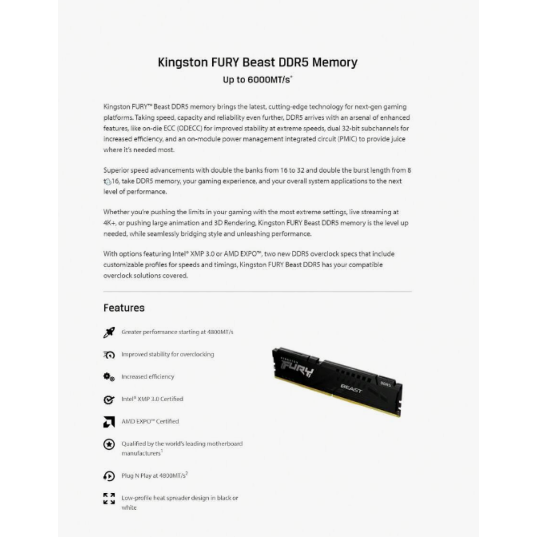 Kingston - KINGSTON RAM FURY Beast DDR5 32GB 6000MH