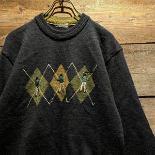 90s　ビンテージ　極上　人物刺繍　立体襟　ニット アーガイル　レトロ　ネイビー