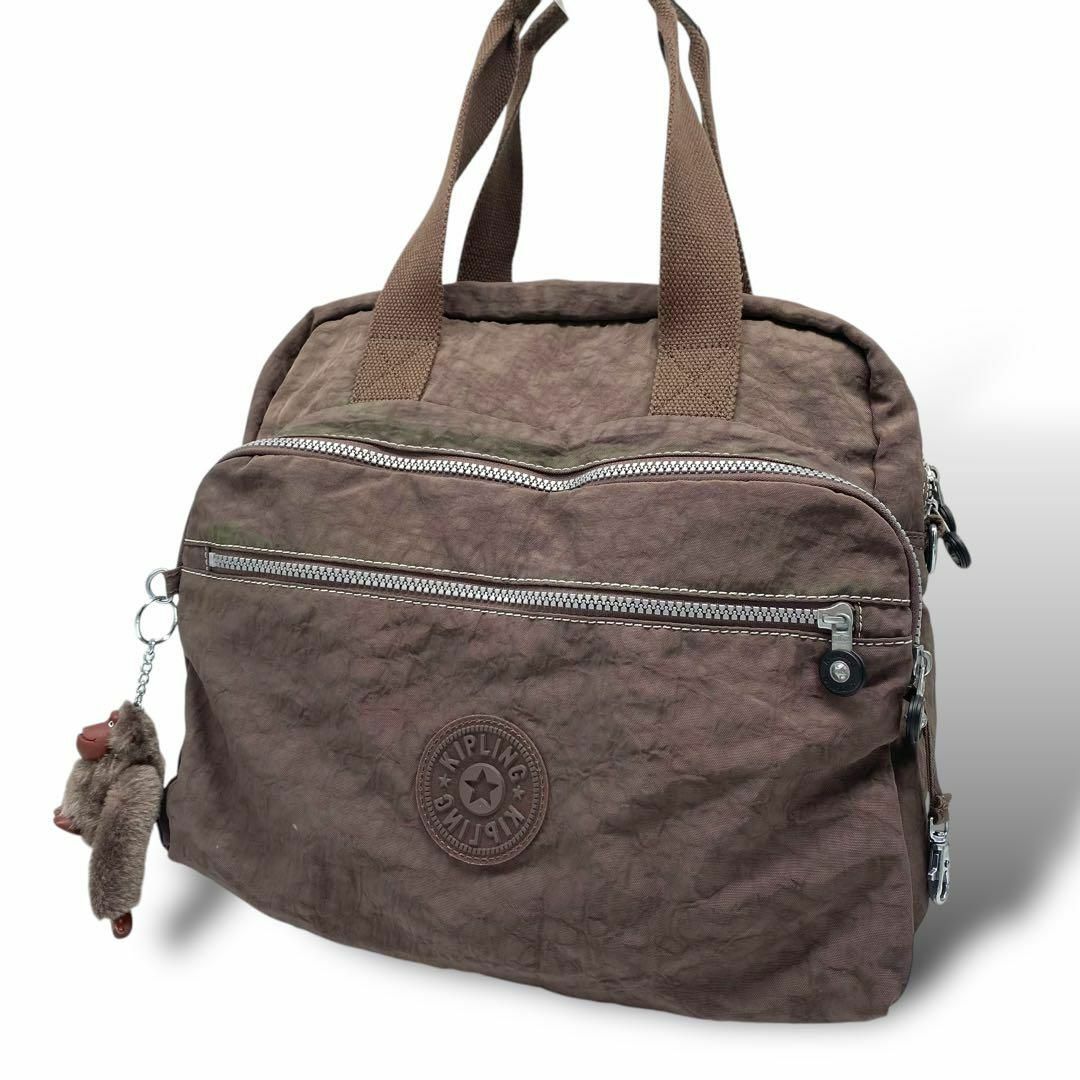 kipling - キプリング　トートバッグ　ハンドバッグ　ナイロン　ブラウン　チャーム付