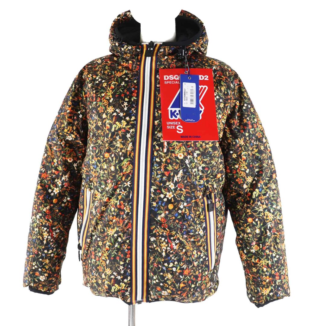 極美品◎DSQUARED2×K-WAY ディースクエアード×ケーウェイ S72AM0557 花柄×スリーブロゴ リバーシブル ダウンジャケット マルチ／ブラック S 正規品 レディース