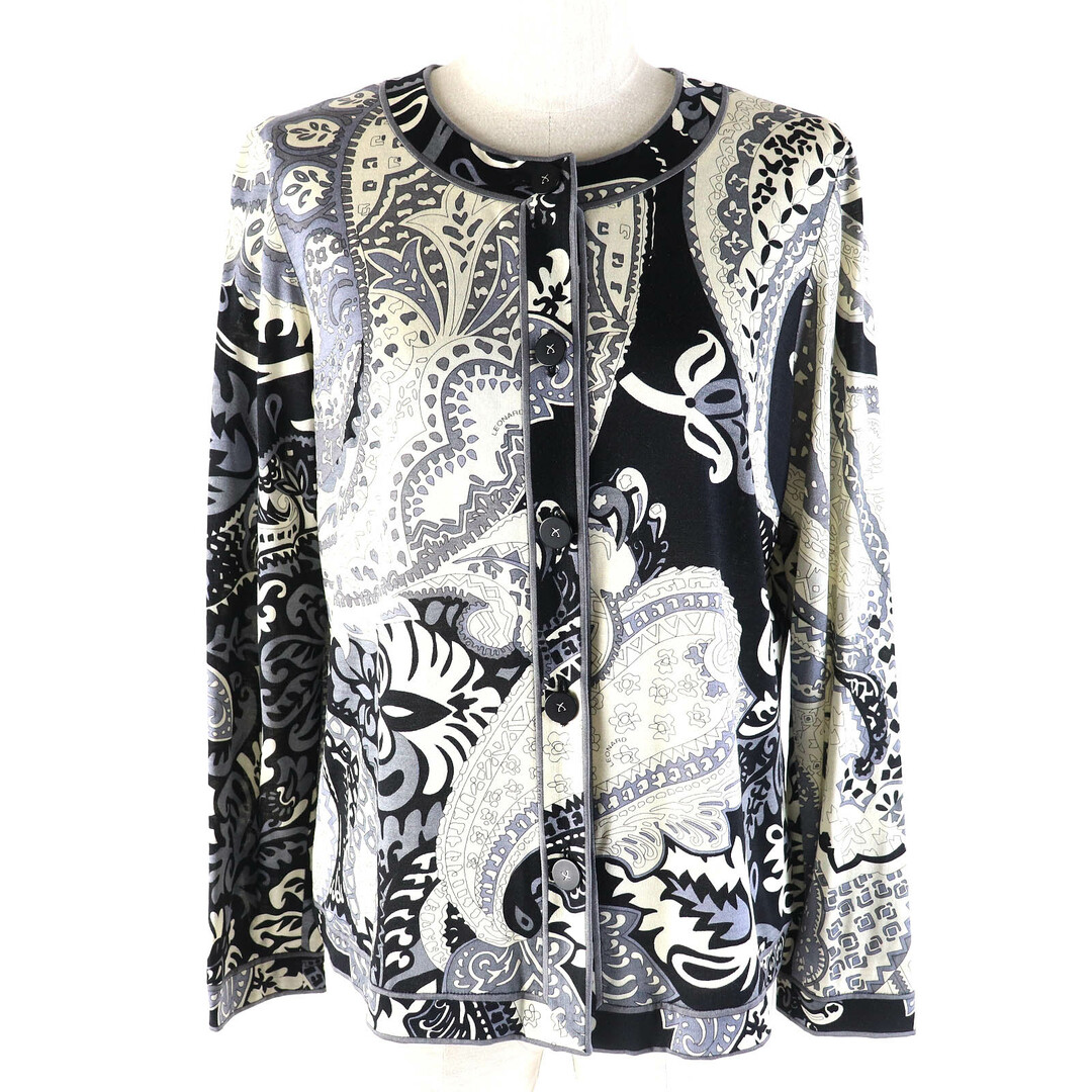 美品△LEONARD FASHION レオナール ファッション ウール シルク 総柄デザイン ロゴボタン 長袖 カーディガン ブラック ホワイト グレー系 L 日本製 正規品 レディース
