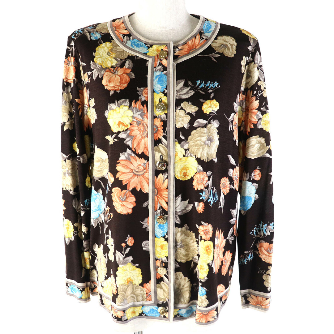 美品△LEONARD FASHION レオナール ファッション ウール シルク 花柄デザイン ロゴ金ボタン 長袖 カーディガン ダークブラウン マルチカラー L 日本製 正規品 レディース