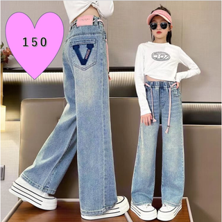キッズデニム 新品150 紐ベルト付き　Vデザイン　ジーパン　女の子　ワイド韓国(パンツ/スパッツ)