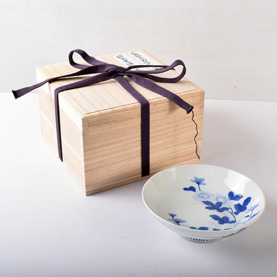鍋島焼　藍鍋島　染付菊花文　五寸皿　時代箱　V　R8086