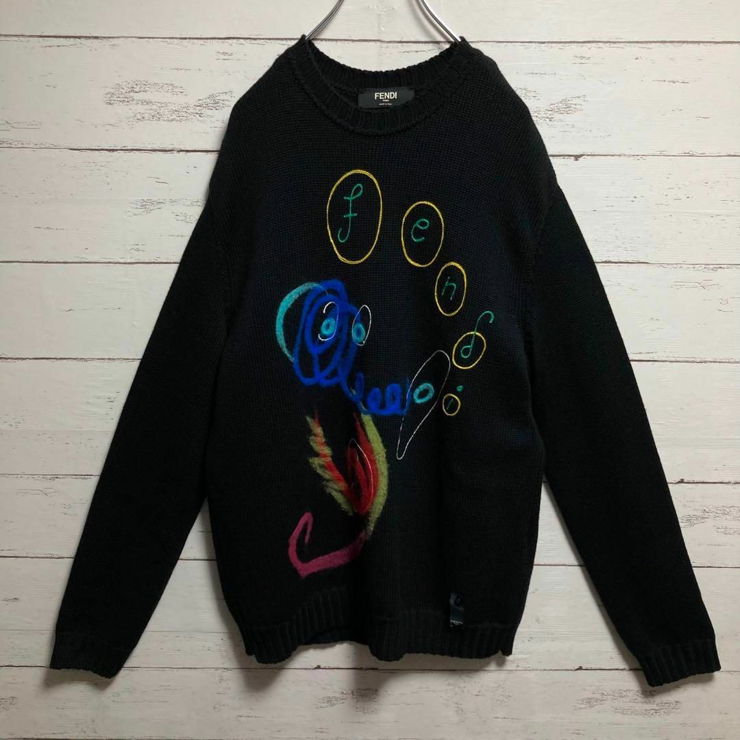 Lサイズ相当】FENDI フェンディ☆刺繍ロゴ ニット 黒 ブラック Lサイズ相当】FENDI フェンディ☆刺繍ロゴ ニット 黒 ブラック