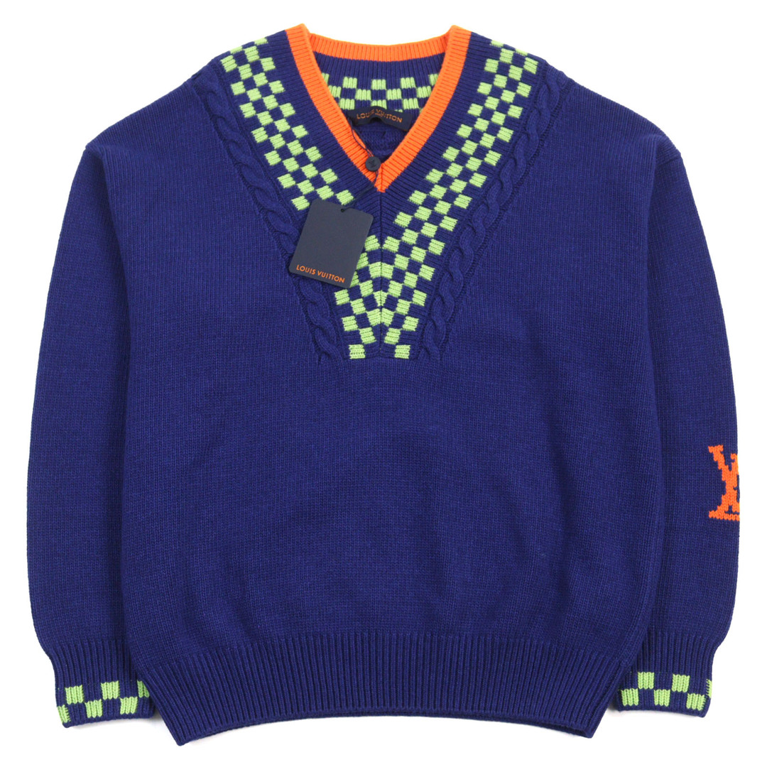 LOUIS VUITTON - 極美品○LOUIS VUITTON ルイヴィトン 21AW HKN61W カシミヤ混 LVロゴ ダミエ Vネック ニット/セーター ブルー系 L イタリア製 正規品 メンズ