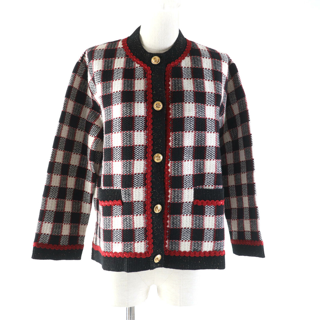 GUCCI - 未使用品★GUCCI グッチ 579876 インターロッキングG 金ボタン付 ラメ ウール使い ブロックチェック柄 カーディガン マルチ M イタリア製 正規品 レディース