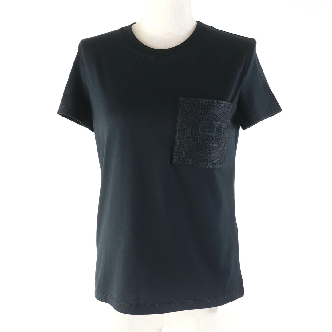 HERMES - 未使用品★HERMES エルメス 23SS 3H4614DL コットン100％ ポケット付 Hロゴ刺繍 クルーネック 半袖Ｔシャツ ブラック 34 フランス製 正規品 レディース
