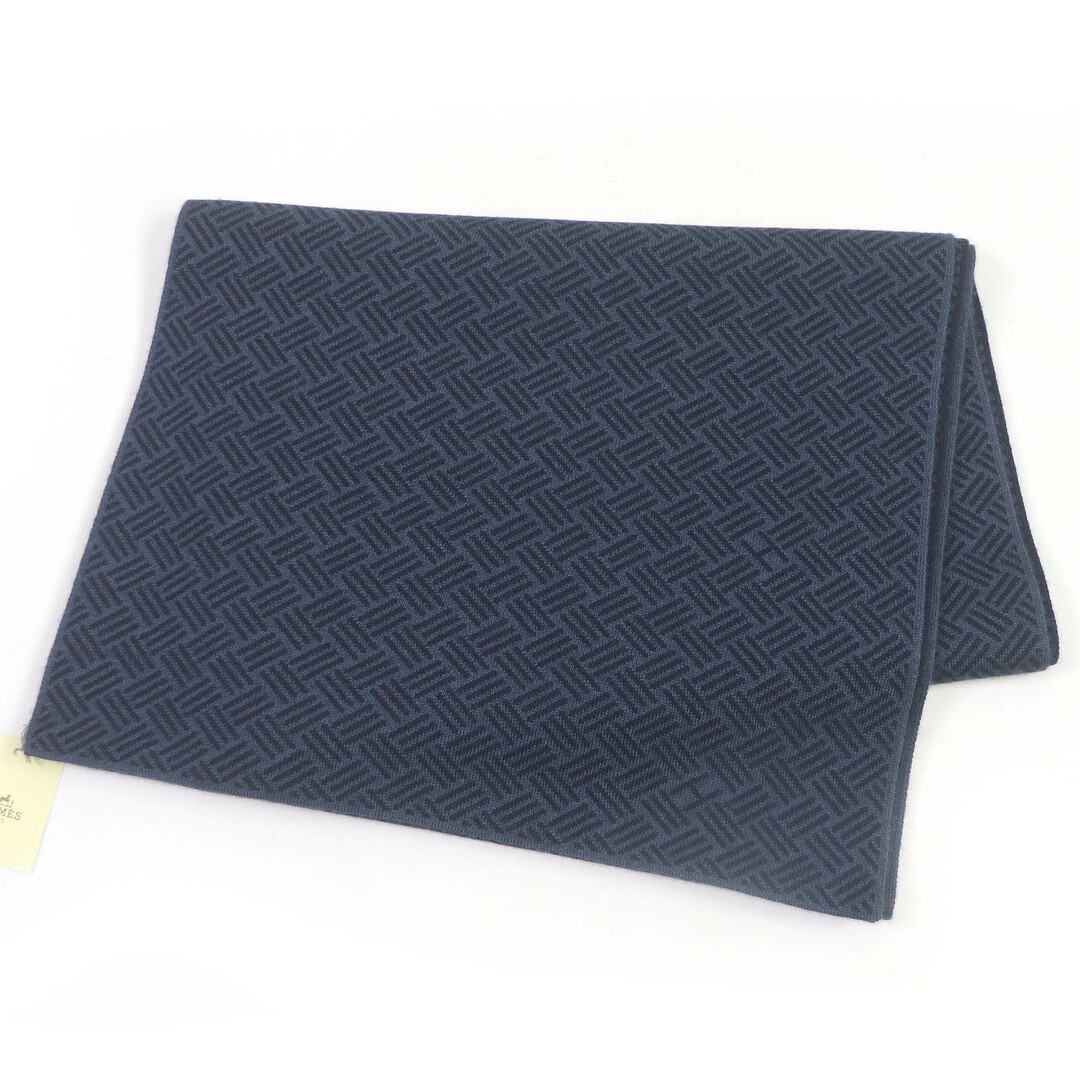 HERMES - 未使用品□HERMES エルメス 733671T カシミヤ シルク ECHARPE MAILLE H ロゴ総柄 マフラー マリン 箱付き フランス製 正規品 メンズ
