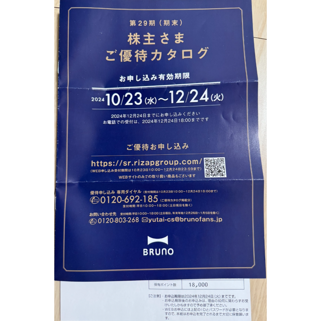 BRUNO 株主優待 18000ポイント チケットの優待券/割引券(ショッピング)の商品写真