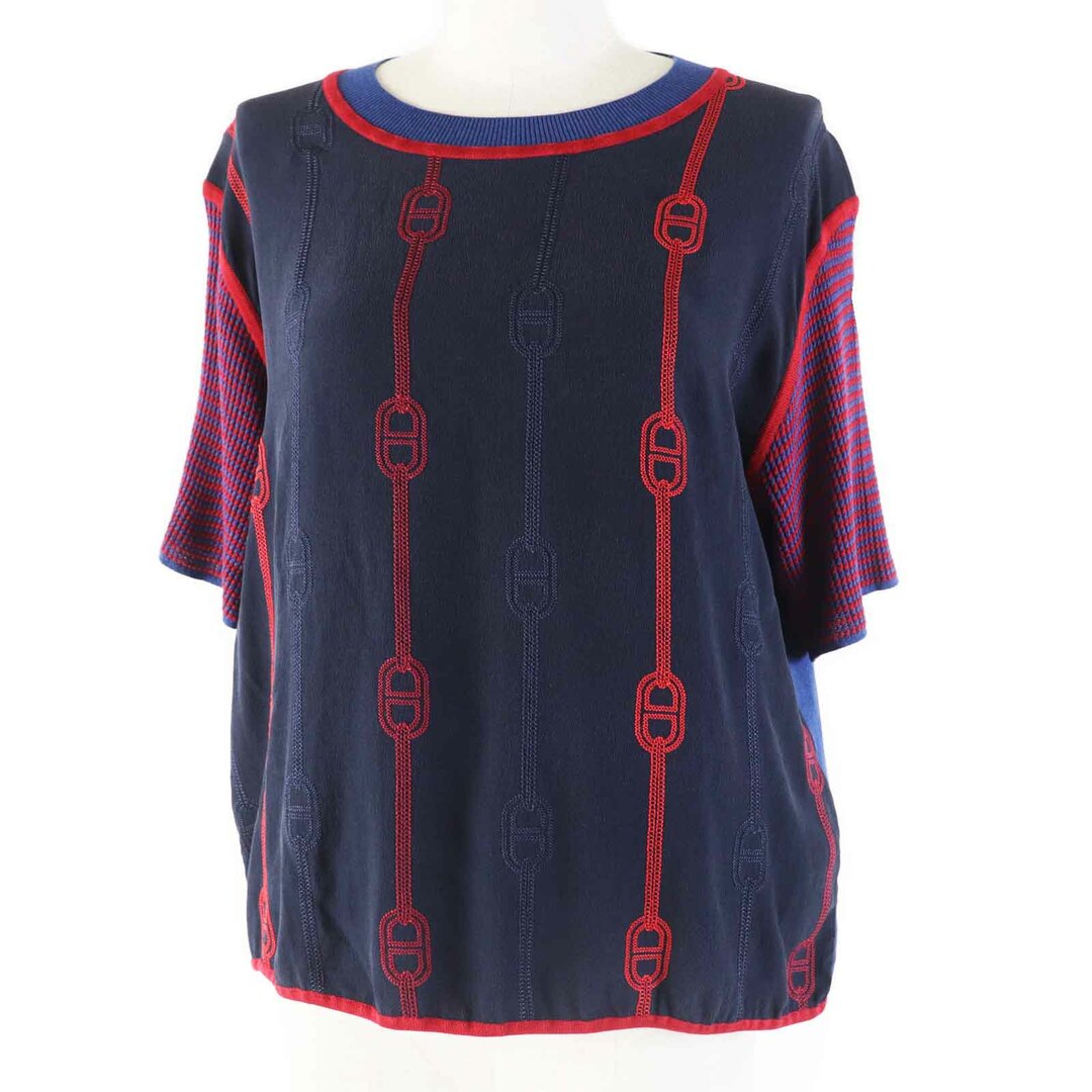 HERMES - 極美品◎HERMES エルメス 23SS 3E2810DV シルク シェーヌダンクル ショートスリーブニット／半袖ニット ネイビー レッド 40 イタリア製 正規品 レディース