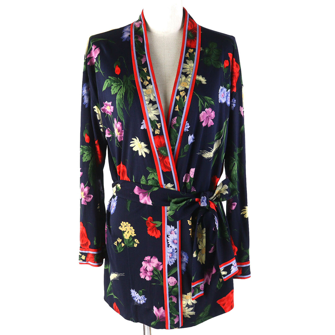 LEONARD - 美品△LEONARD レオナール シルク100％ 花柄デザイン ベルト付き ラップカーディガン ネイビー マルチカラー 44 ハンガー付き 正規品 レディース