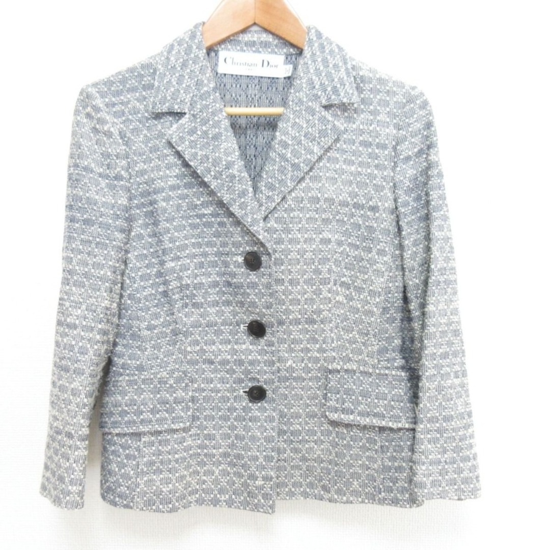 Christian Dior - 美品 21SS Christian Dior クリスチャンディオール ジャガード シルクコットン 3B バージャケット テーラードジャケット F36 ネイビー系 レディース 古着 中古 USED