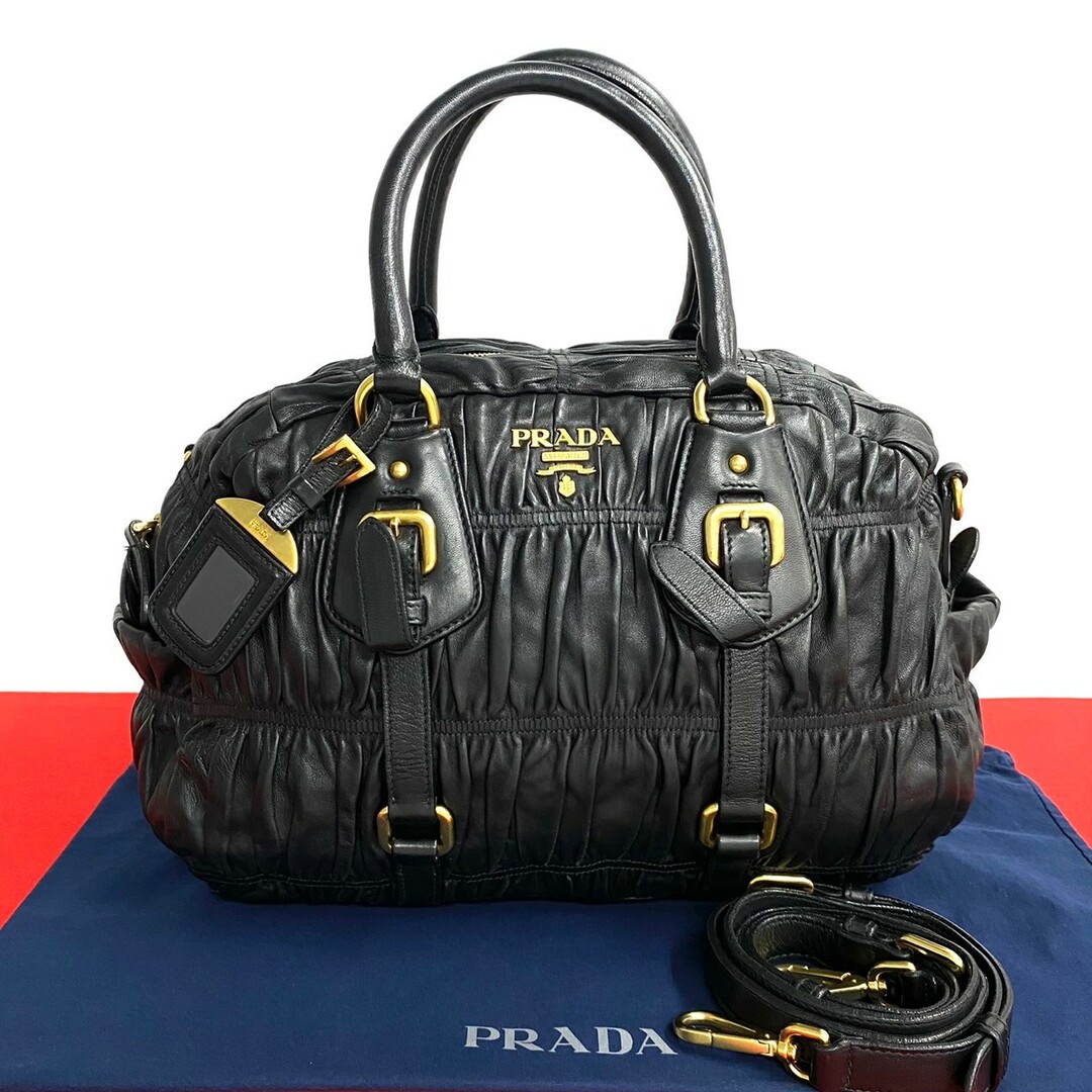 PRADA - 極 美品 PRADA プラダ ロゴ ゴールド 金具 レザー 本革 2way ハンドバッグ ミニ ボストンバッグ ショルダーバッグ ブラック 5--10